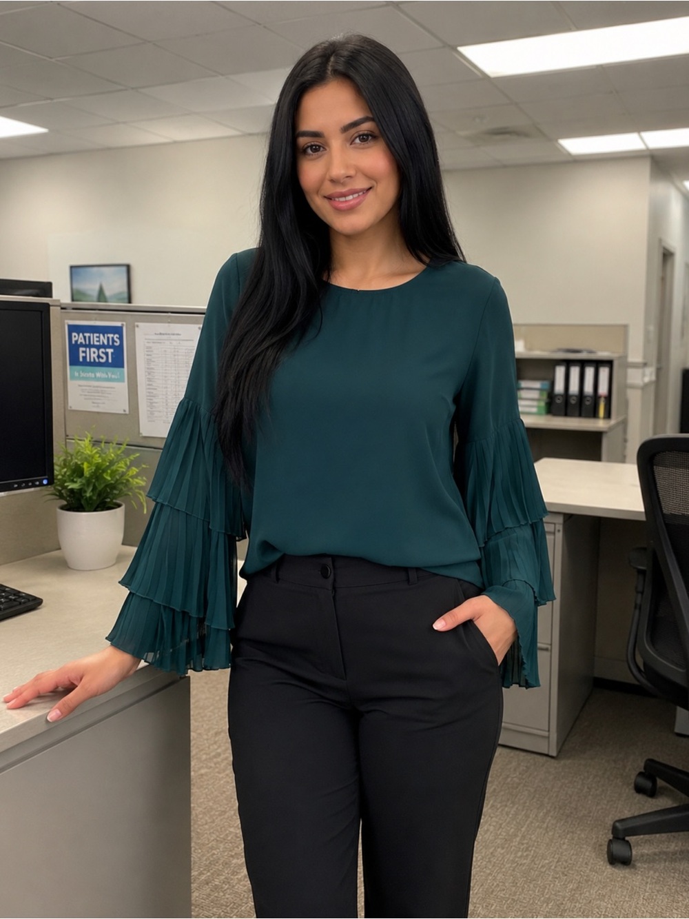 1. State Teal Pleated Tiered Sleeve Blouse